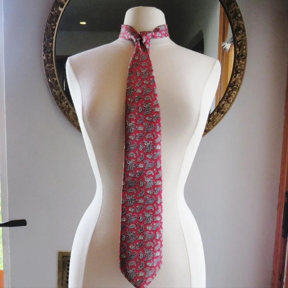 Vintage Pierre Balmain Paris Silk Red Gray Paisley Tie
